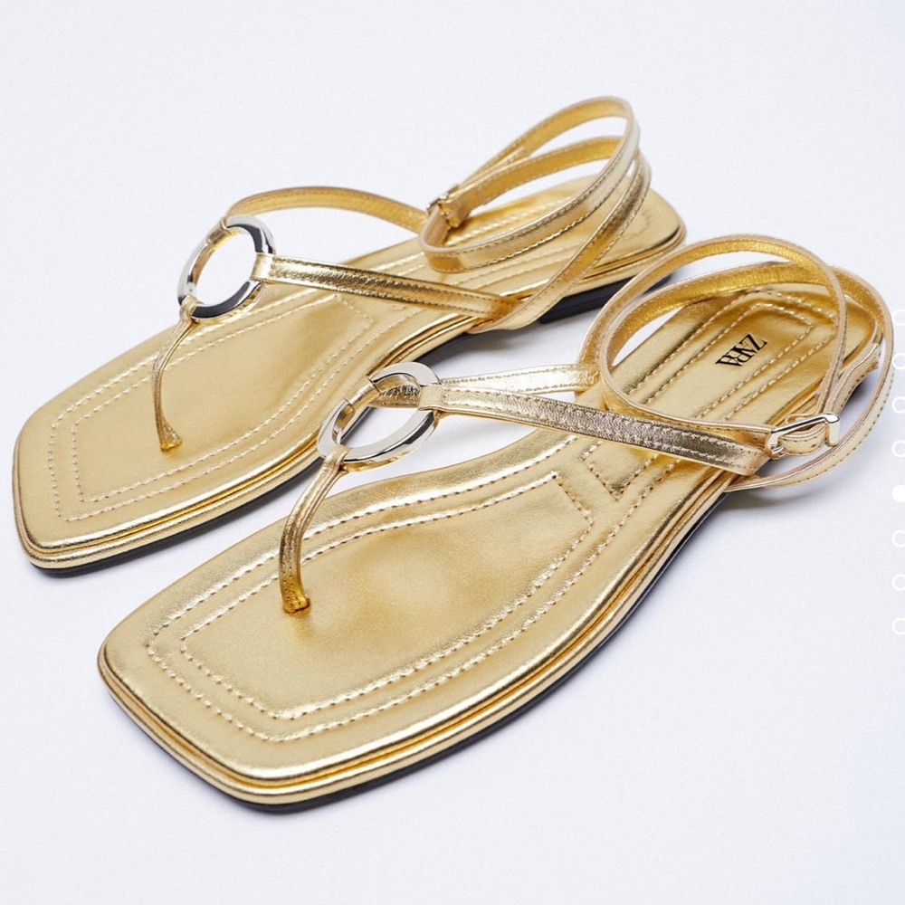 Zara Gold Flat Leather Sandals
